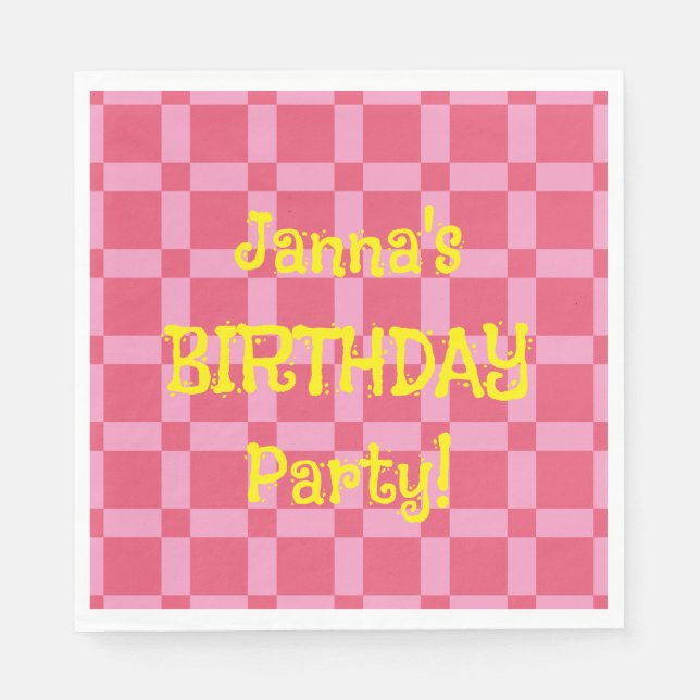 Personalized Birthday Party Pink Chequered Pattern Napkin (Front)