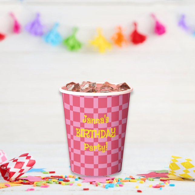 Personalized Birthday Party Pink Chequered Pattern Paper Cups (Personalized Birthday Party Pink Checkered Pattern Paper Cups)