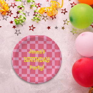Personalized Birthday Party Pink Chequered Pattern Paper Plate
