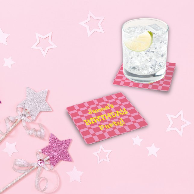 Personalized Birthday Party Pink Chequered Pattern Square Paper Coaster (Personalized Birthday Party Pink Checkered Pattern Square Paper Coaster)