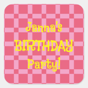 Personalized Birthday Party Pink Chequered Pattern Square Sticker
