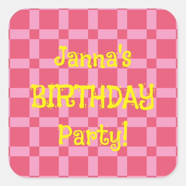Personalized Birthday Party Pink Chequered Pattern Square Sticker (Front)