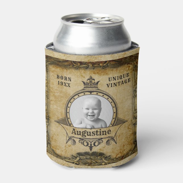 Personalized Birthday Photo Template Vintage Retro Can Cooler (Can Front)