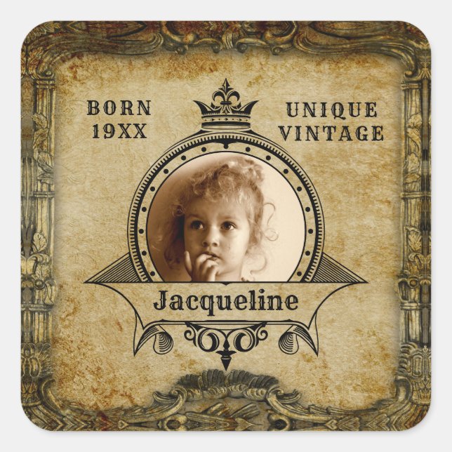 Personalized Birthday Photo Template Vintage Retro Square Sticker (Front)
