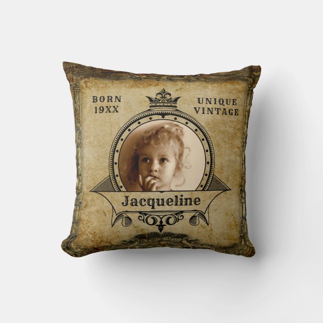 Personalized Birthday Photo Template Vintage Retro Throw Pillow (Front)