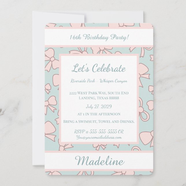 Personalized Birthday Pink Bow Sweet Invitation (Front)
