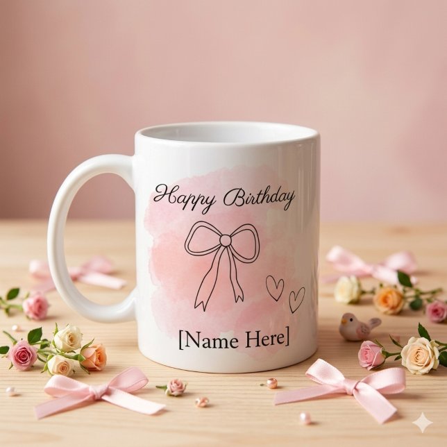 Personalized Birthday Pink Coquette Bow Mug (Aesthetic birthday coquette mug with pink watercolor, line art bow, and customizable text)