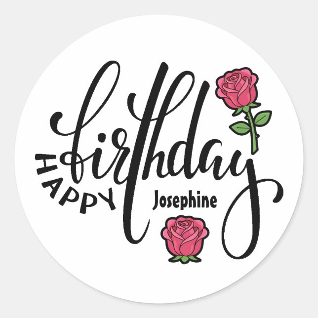 Personalized Birthday Pink Rose  Classic Round Sticker (Front)
