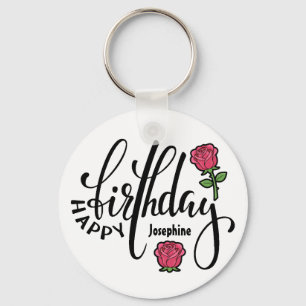 Personalized Birthday Pink Rose  Keychain