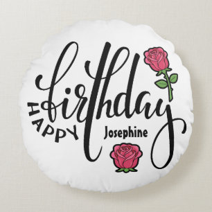 Personalized Birthday Pink Rose  Round Pillow