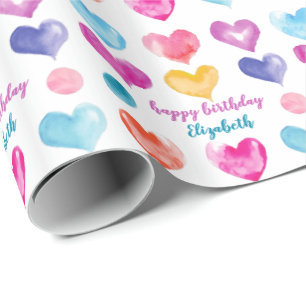 Personalized Birthday Pretty Watercolor Hearts Wrapping Paper