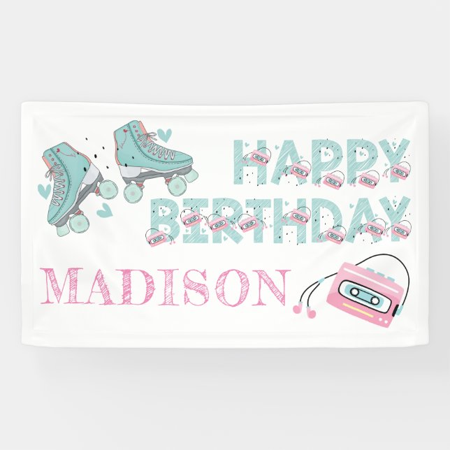Personalized Birthday Roller Skating Pastel Banner (Horizontal)