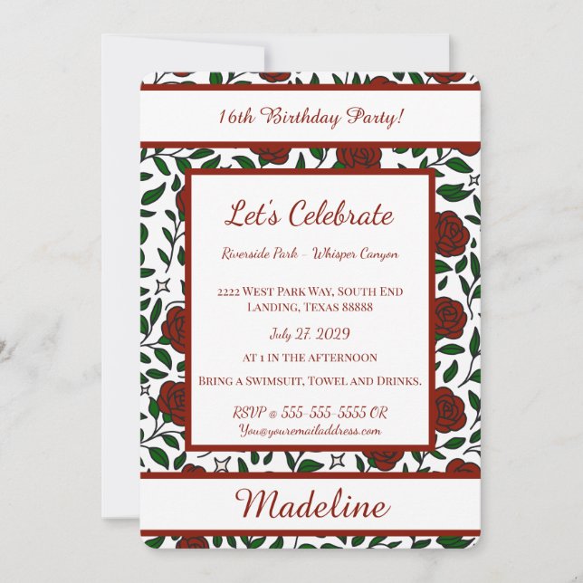 Personalized Birthday Rose Girl Sweet Invitation (Front)