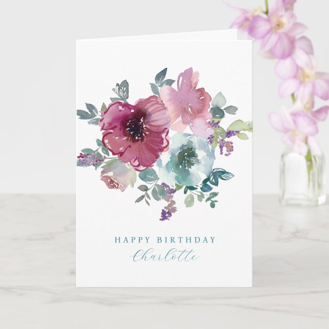 Personalized Birthday Teal & Plum Roses Bouquet    Card (Orchid)