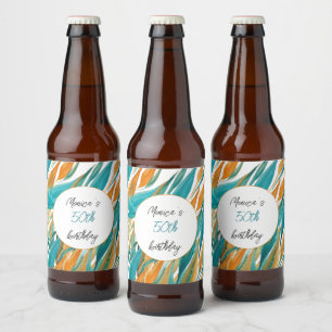 Personalized Birthday Turquoise Orange Watercolor Beer Bottle Label