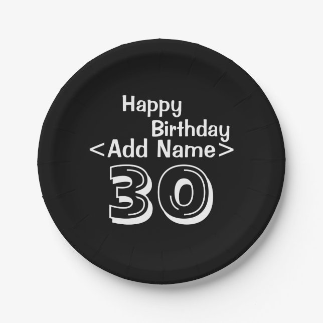 Personalized Black 30th Birthday Paper Plate (Front)