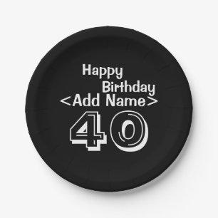 Personalized Black 40th Birthday Paper Plate