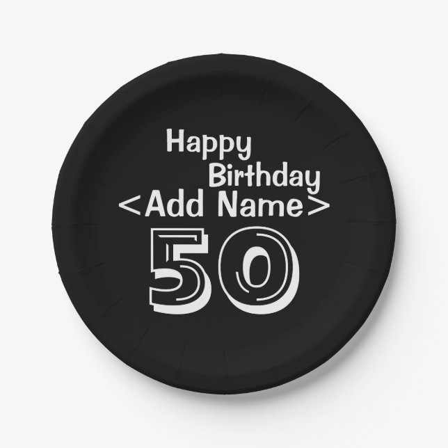 Personalized Black 50th Birthday Paper Plate (Front)