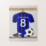 Personalized Black and Blue Football Soccer Jersey Jigsaw Puzzle<br><div class="desc">Personalized Blue and Black striped football soccer shirt,  just add your own name and number to create a unique soccer gift or award. If you require this striped soccer jersey in any other colour combination ,  please contact us through the store contact link prior to purchase. sgb01</div>