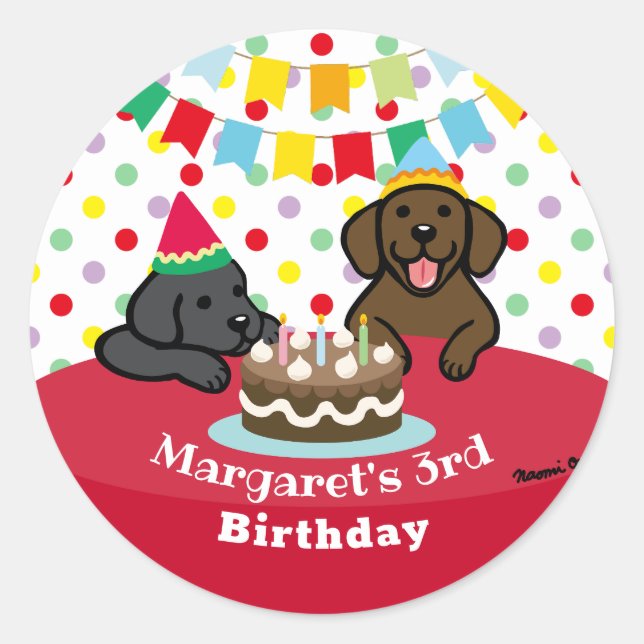 Personalized Black and Chocolate Labs Birthday Classic Round Sticker (Front)