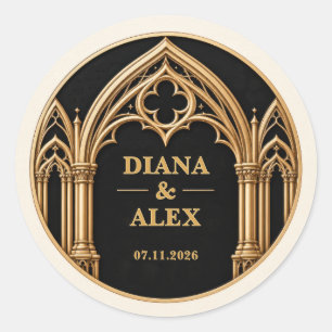 Personalized Black and Gold Cathedral Wedding Classic Round Sticker