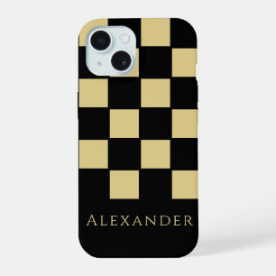 Personalized Black and Gold Check iPhone 15 Case