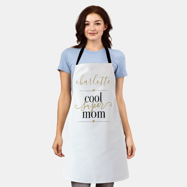 Personalized Black And Gold Cool Super Mom Apron (Worn)