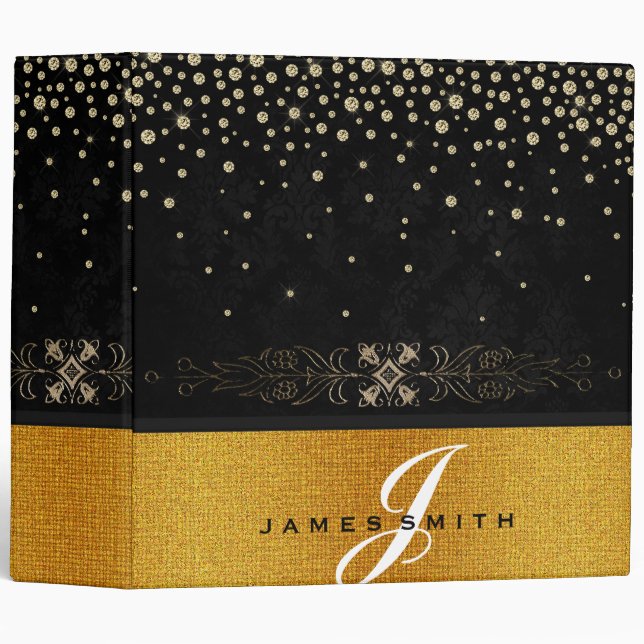Personalized Black and Gold Faux Confetti Glitter Binder (Front/Spine)