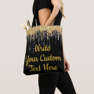 Personalized Black and Gold Glitter Birthday Gift Tote Bag