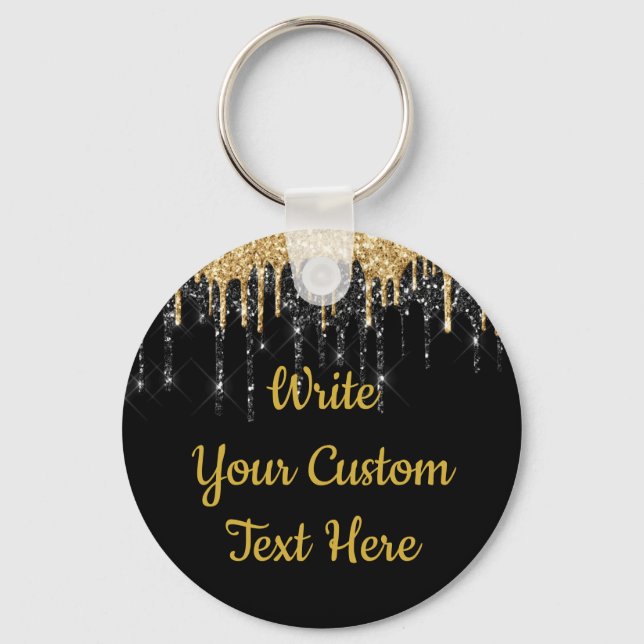 Personalized Black and Gold Glitter Drip Custom Keychain (Front)