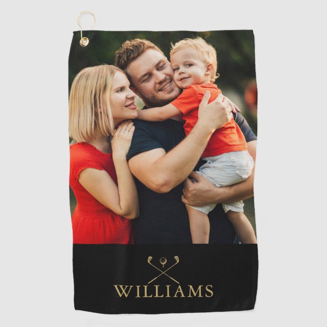 Personalized Black And Gold Golf Clubs Photo Golf Towel (Front)