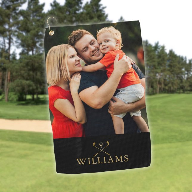 Personalized Black And Gold Golf Clubs Photo Golf Towel (Personalized Black And Gold Golf Clubs Photo Golf Towel)