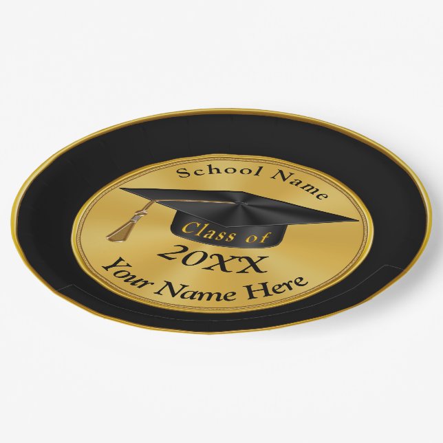 Personalized Black and Gold Graduation Plates (Angled)