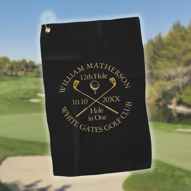 Personalized Black And Gold Hole in One Golf Towel (Personalized Black And Gold Hole in One Golf Towel)