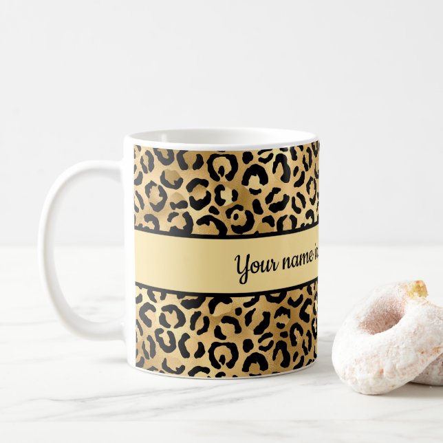 Personalized Black and Gold Leopard Print Cheetah  Coffee Mug (With Donut)