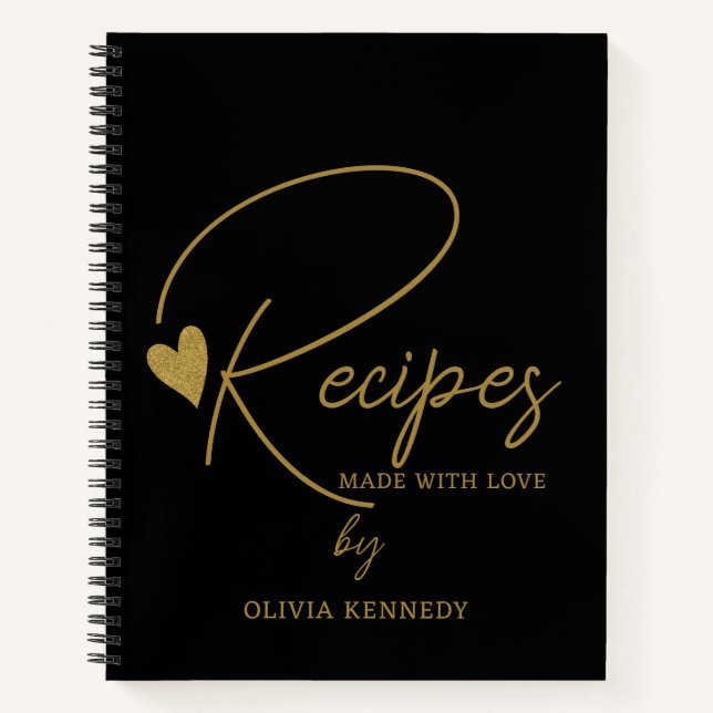 Personalized Black And Gold Made With Love Recipe Notebook (Front)