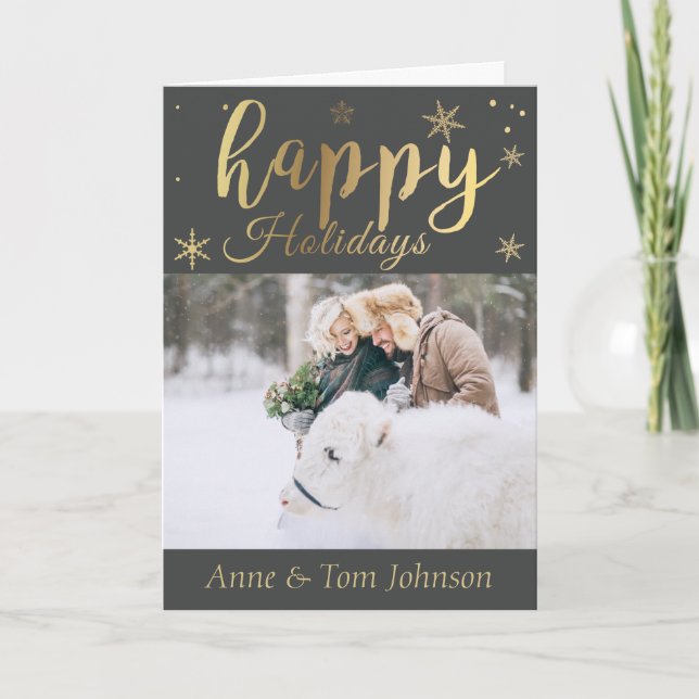 Personalized Black and Gold Photo Christmas Card. Holiday Card (Front)