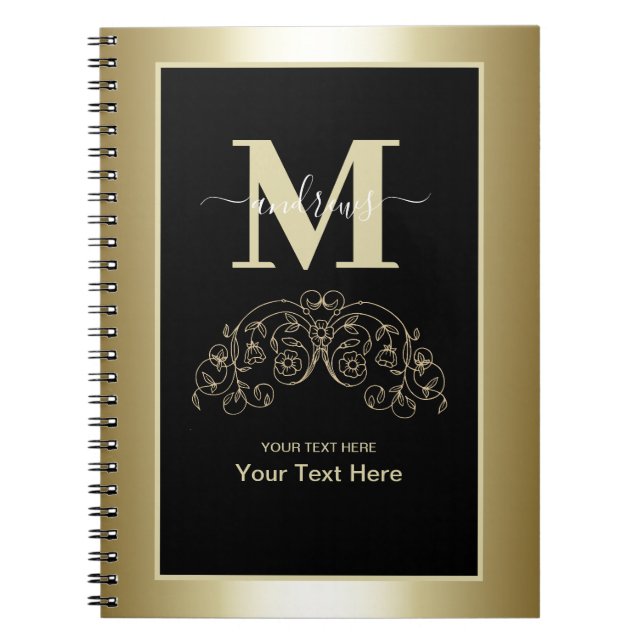 Personalized Black And Gold Script Signature  Notebook (Front)