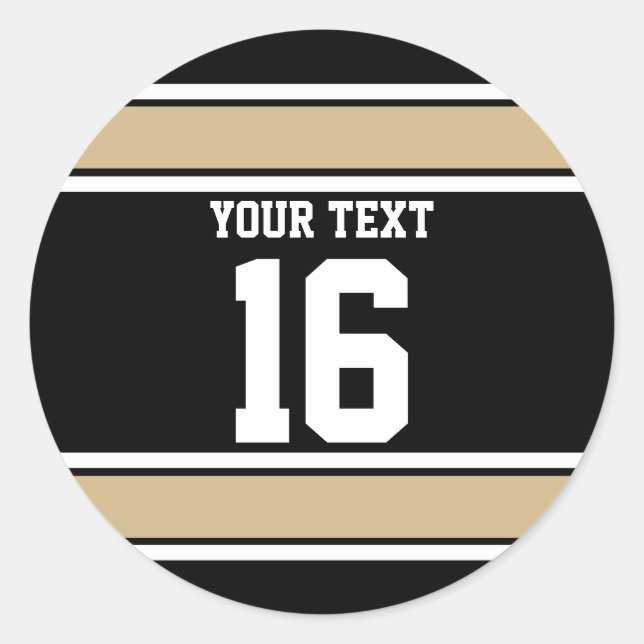 Personalized Black and Gold Sports Stripes Classic Round Sticker (Front)