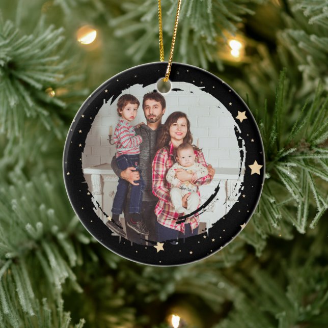 Personalized Black and Gold Star Photo Christmas Ceramic Ornament (Tree)