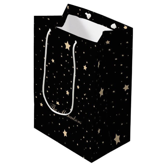 Personalized Black and Gold Starry Night Christmas Medium Gift Bag (Front Angled)