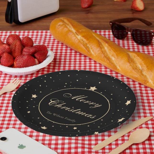 Personalized Black and Gold Starry Night Christmas Paper Plate (Picnic)