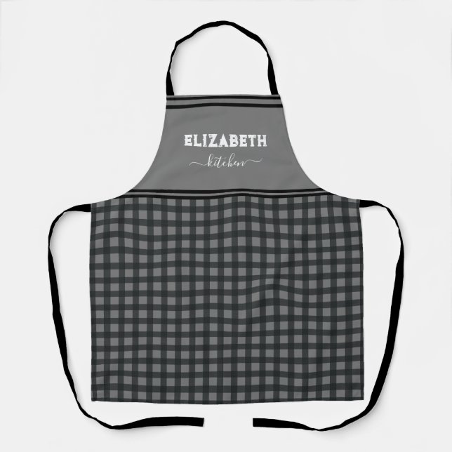 Personalized Black and grey Buffalo Plaid Kitchen Apron (Front)
