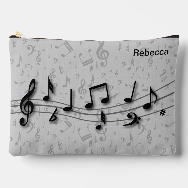 Personalized Black and Grey Music Notes Accessory Pouch (Front)