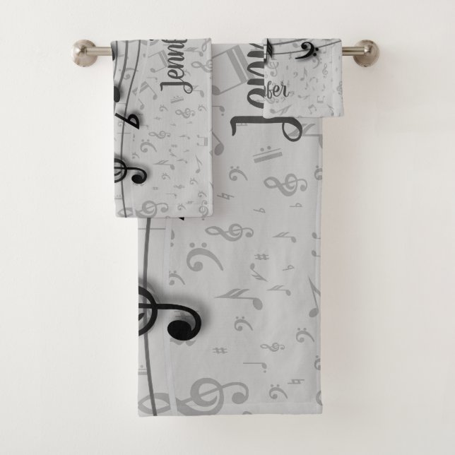 Personalized Black and Grey Music Notes Bath Towel Set (Insitu)
