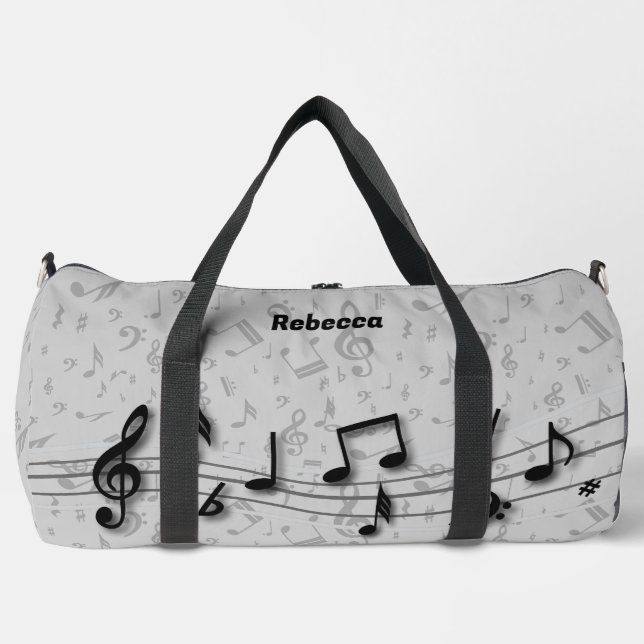 Personalized Black and Grey Music Notes Duffle Bag (Front)