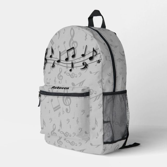 Personalized Black and Grey Music Notes Printed Backpack (Back Corner Right)
