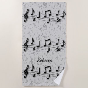 Personalized black and grey musical notes beach towel