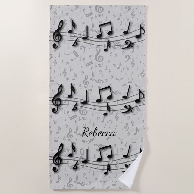 Personalized black and grey musical notes beach towel (Front)