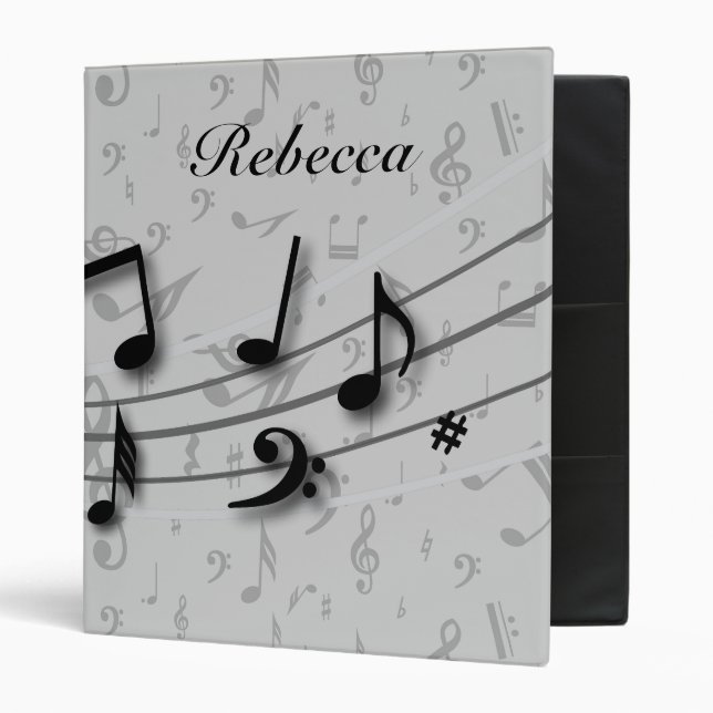 Personalized Black and Grey Musical Notes Binder (Front/Inside)
